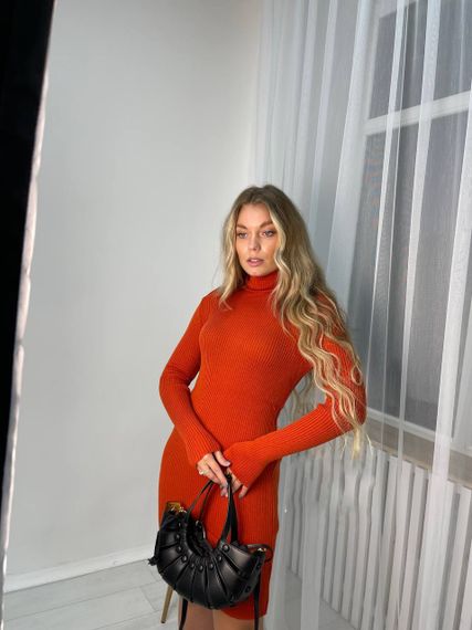 Женское вязаное платье-гольф в обтяжку теплое NO6599 размер единый 42-50 цвет кирпичный