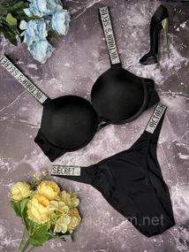 Комплект Вікторія Сикрет зі стразами та Пуш-Ап, подарунковий комплект Victoria`s Secret.Бразиліана, Чорний, 80B