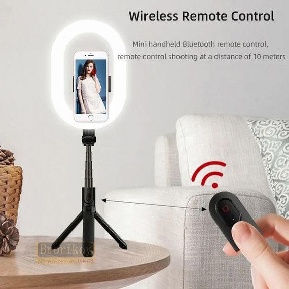 Монопод-штатив для селфі з кільцевою LED лампою Selfie Stick A8 телескопічний з пультом та Bluetooth | Зображення 4