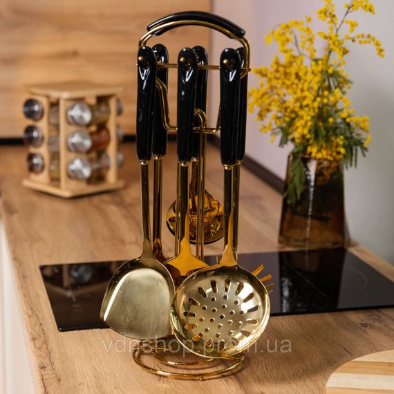Набір кухонного приладдя на підставці 7 предметів кухонні аксесуари на підставці Чорний із золотом HP-20-66 | Зображення 5