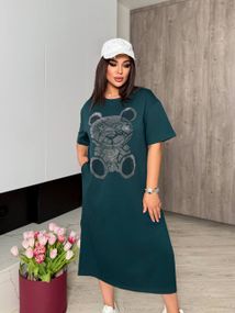 Женское платье-футболка длинное с коротким рукавом, больших и батальных размеров IS872, цвет зеленый, размер 50/52