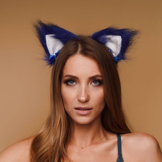 Хутряні вушка кішки з бантиком, Сині з білим OKOVA Sex Aura | Зображення 1