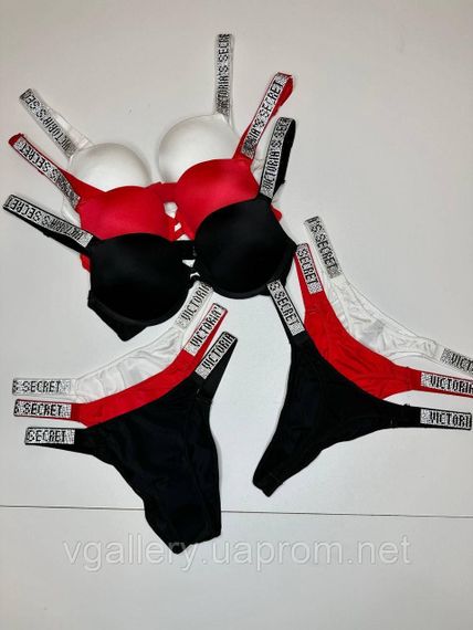 Комплект Трійка - Топ+Танга+Стрінги Victoria's Secret зі стразами, Жіночий купальник Вікторія Сікрет, Бежевий, 75C | Зображення 1