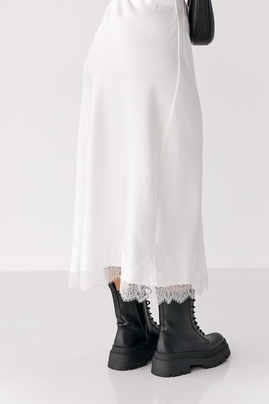 Атласна спідниця міді з мереживом - білий цвет, M (є розміри) | Зображення 1