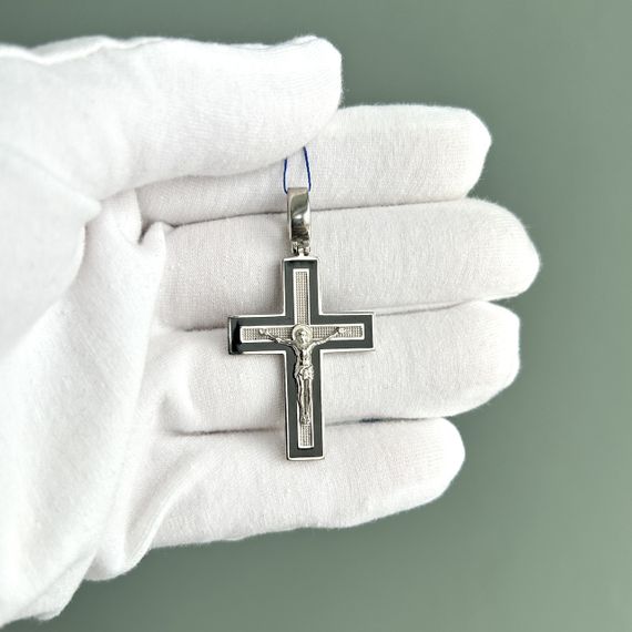 Срібний прямий чоловічий родований хрест із чорною емаллю | Зображення 8