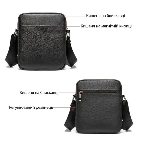 Мужская кожаная сумка мессенджер компактная черная из натуральной HC-902 кожи флотар | Зображення 1