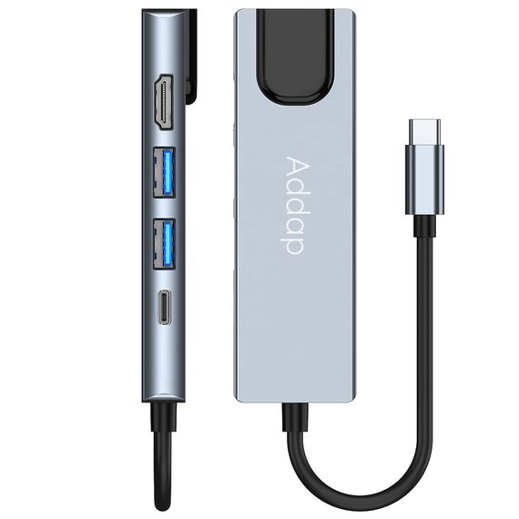 Многофункциональный USB Type-C хаб / разветвитель Addap MH-09s, концентратор 5в1: 2 x USB 3,0 + Type-C + HDMI + Ethernet Gigabit (0063) | Зображення 2