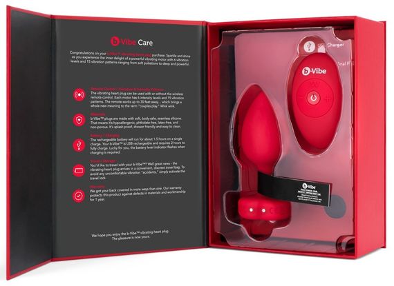 Анальна пробка з вібрацією і пультом управління B-Vibe Vibrating Heart Plug M/L Red sexstyle | Зображення 8