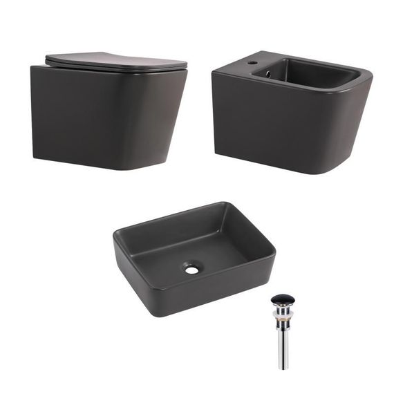 Комплект Qtap Tern Anthracite 3 в 1: подвесной унитаз Ultra Quiet + биде подвесное + раковина накладная QTROBAN49157