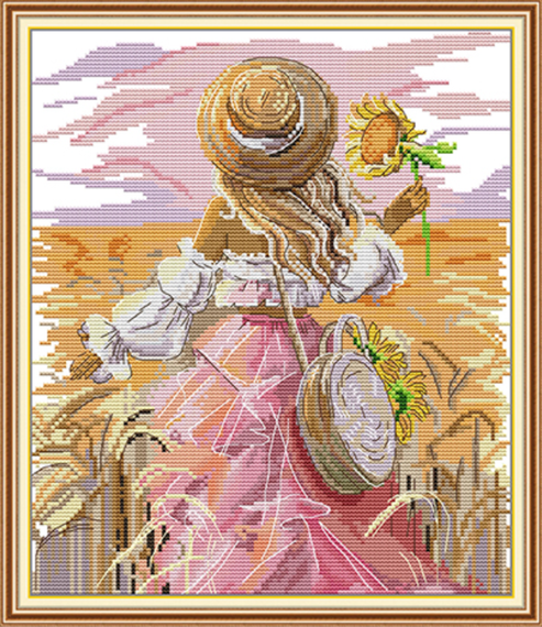 Набір для вишивання за нанесеною на канву схемою "Sunflower Girl". AIDA 14CT printed 30*34 см