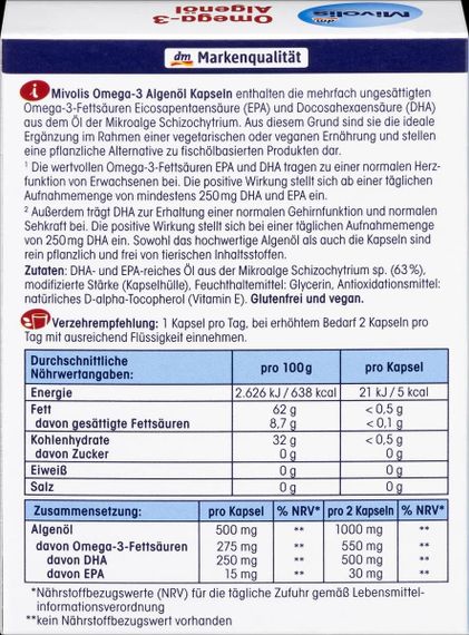 Витамины Mivolis Масло водорослей Омега-3 для нормальной работы сердца, функции мозга, зрения, 30 шт, Германия | Зображення 2