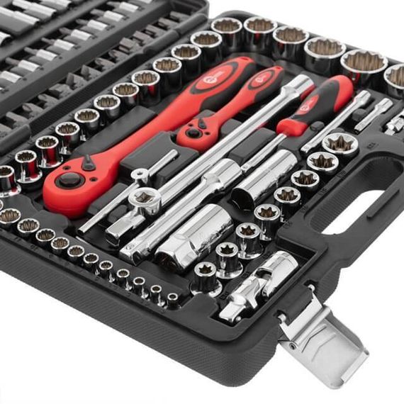Набір інструментів, проф., 1/2" + 1/4", Cr-V, 108 од., головки: 12-гр. 4-32 мм, E4-E24, біти 35 од., подовж. | Зображення 9