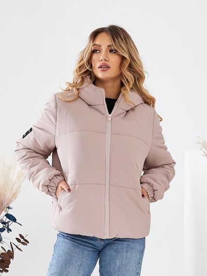 Жіноча тепла стьобана коротка зефірка куртка на блискавці з капюшоном розмір 44/46 колір пудровий UH270
