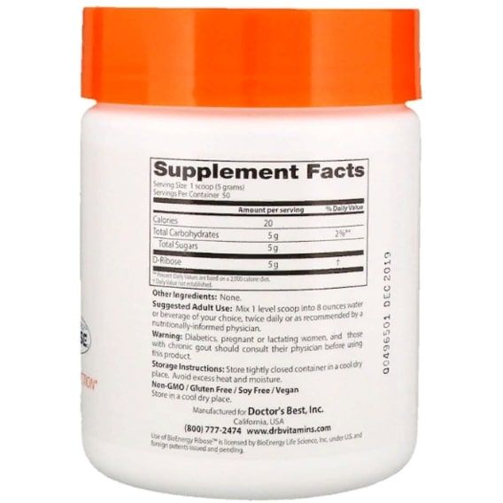 Тонізуючий засіб Doctor's Best Pure D-Ribose Powder with Bioenergy Ribose, 8.8 oz 250 g /50 servings/ DRB-00173 | Зображення 1
