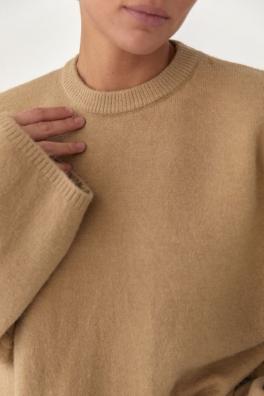 В'язана однотонна кофта з широкими рукавами - світло-коричневий цвет, ONE SIZE (є розміри) | Зображення 3