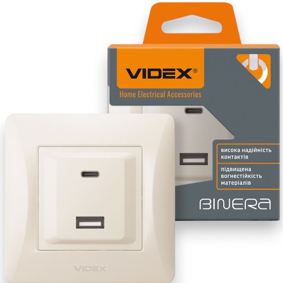 Розетка VIDEX BINERA USB-A + USB-C PD20W, швидка зарядка, 2 порти, кремова (VF-BNCHRUC20-CR) | Зображення 1
