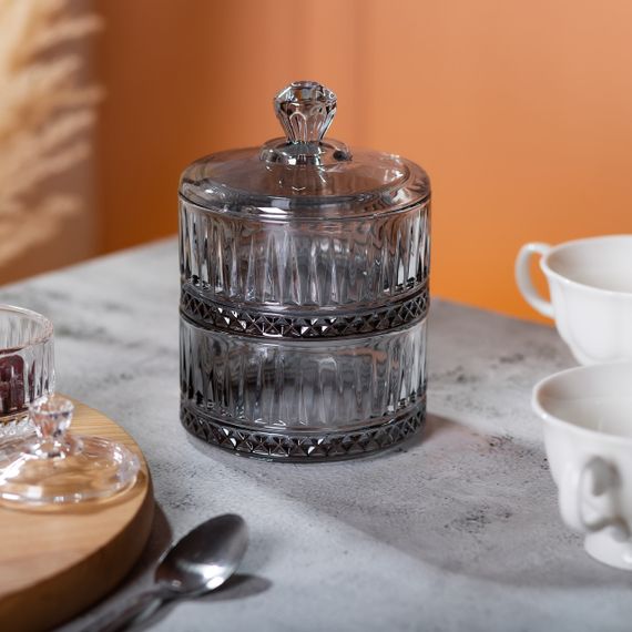 Двохрівнева цукерниця з кришкою скляна Ø 10 см Сіра | Зображення 4