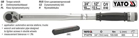 Ключ динамометричний YATO Польща 3/4" 100-500NM l=865мм YT-0770