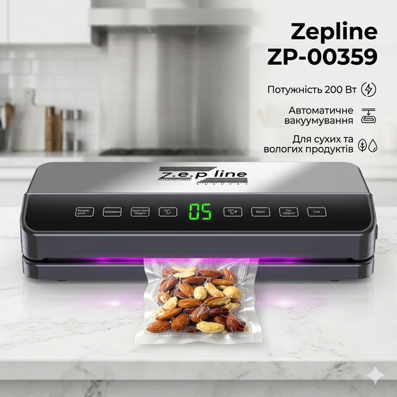 Вакуумный упаковщик для пищевых продуктов 200Вт Zepline ZP-00359 Бытовой автоматический вакууматор с LED дисплеем + 20 пакетов