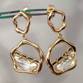 Сережки медицинское золото, розмір 38/22 мм, вага 9,5гр белые фианиты