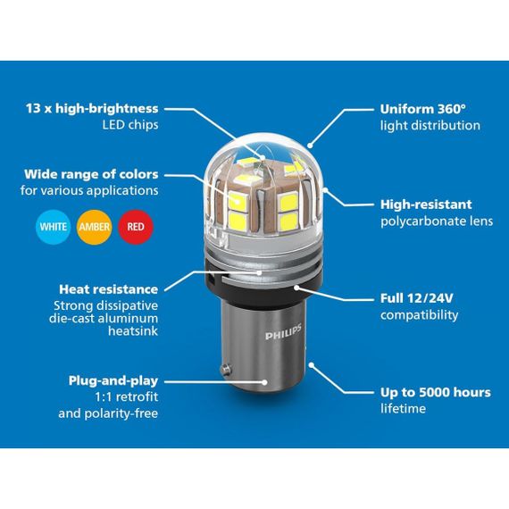 Комплект світлодіодних ламп PHILIPS 11496AU70X2 PY21W LED Ultinon Pro7000 BAU15S AMBER 12/24V | Зображення 1
