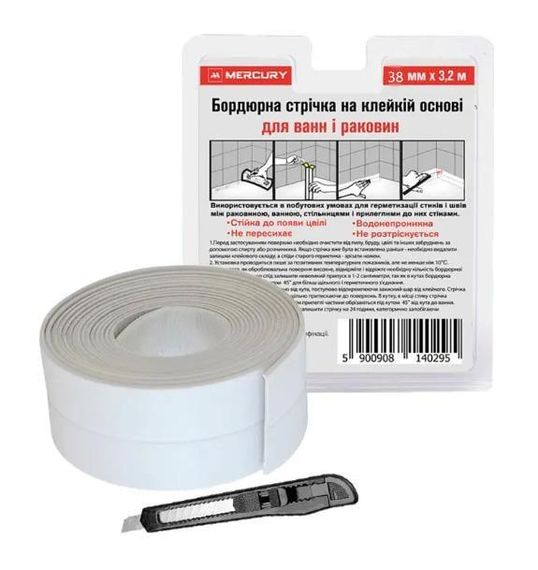 Бордюрна стрічка для ванної кімнати Mercury 38мм х 3,2м біла (T-01-102)