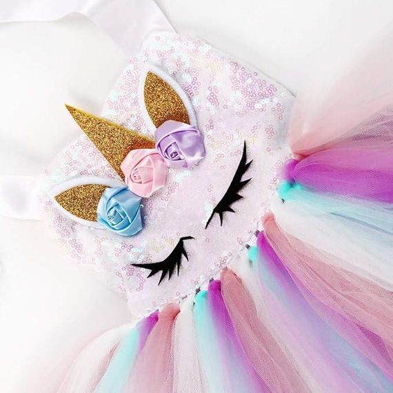 Сукня єдинорога для дівчинки 7–8 років святкова з райдужною обʼємною спідницею, обручем, наряд на день народження, Хелловін свята | Зображення 4