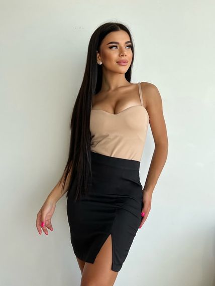 Женская короткая юбка с разрезом из костюмки NA982  размер 42/44, цвет черный | Зображення 2