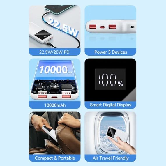 УМБ Vention 10000mAh 22.5W 3A,PD,QC 3.0, Micro-USB,USB-C,2xUSB-A,LED Display,Black | Зображення 2