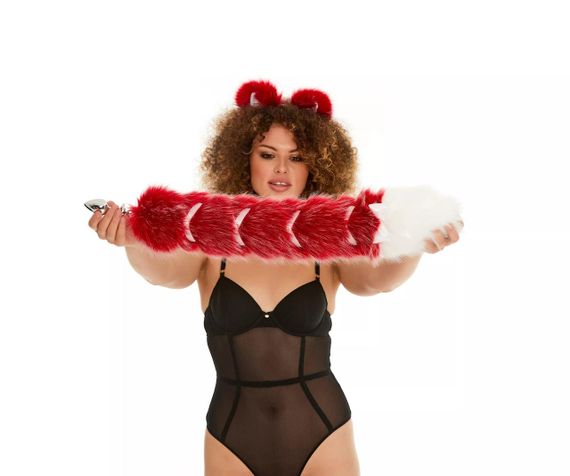 Анальний хвіст зі стрічкою без пробки, Темно-червоний з білим кінчиком, OKOVA 60 см. sexstyle | Зображення 2