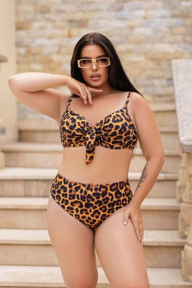 Роздільний леопардовий купальник  PLUS SIZE з твердими чашками | Зображення 4