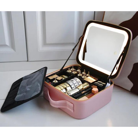 Багатофункціональний органайзер для косметики з дзеркалом і LED-підсвіткою, рожевий кейс для макіяжу та догляду за собою | Зображення 2