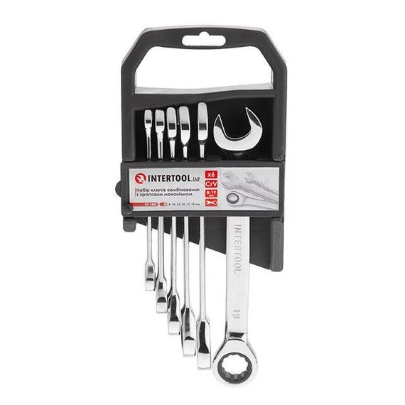 Набір ключів комбінованих, з тріскачкою, 6 шт., 8-19 мм, Cr-V, професійний, DIN3113 INTERTOOL XT-1302