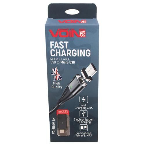 Кабель магнітний VOIN USB - Micro USB 3А, 1m, black (швидка зарядка / передача даних) | Зображення 3