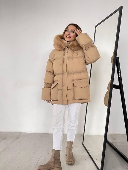Пуховик з опушкою Cresh Puffer, карамель M-L | Зображення 1