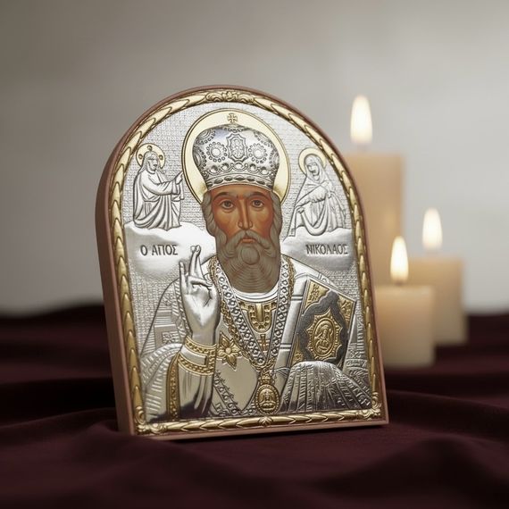 Срібна православна ікона Миколай Чудотворець з позолотою на підставці | Зображення 1