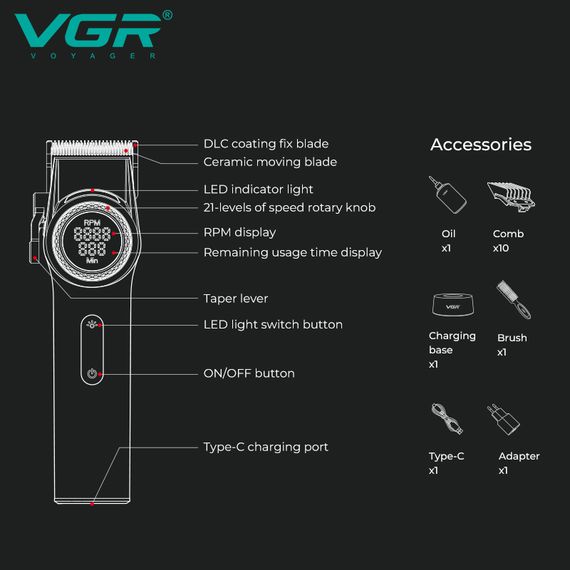 Акумуляторна машинка для стрижки VGR V-001 BLUE, 10 насадок, LED-дисплей, 9000 RPM, 4600 mAh (46066-V-001_2049) | Зображення 7