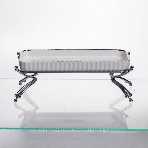 Порцелянове блюдо для сервірування на металевій підставці 37×18×5 (см) блюдо для подачі закусок Білий зі сріблом LB-1566S