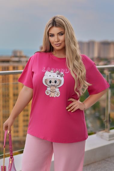 Жіноча класична футболка Labubu пряма вільна колір рожевий, розмір 54/56, GF05259 | Зображення 3
