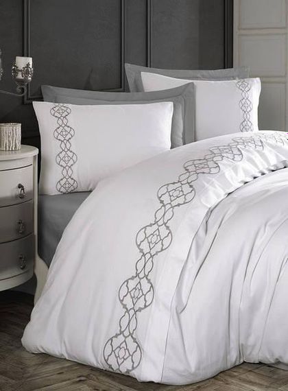 Постельное белье с вышивкой Dantela vita Victоriya gri Сатин Хлопок Евро размер (4 наволочки)