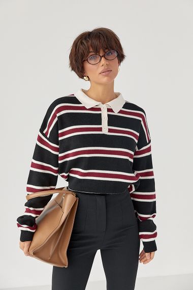 Кофта-поло у смужку вільного фасону - чорний цвет, ONE SIZE (є розміри) | Зображення 4