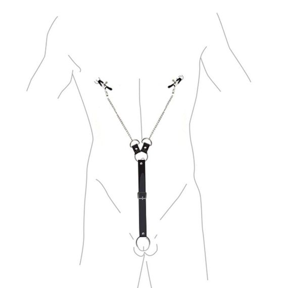 Затискачі для сосків з фіксацією на мошонці Nipple Clamps for Men, Еко шкіра | Зображення 2
