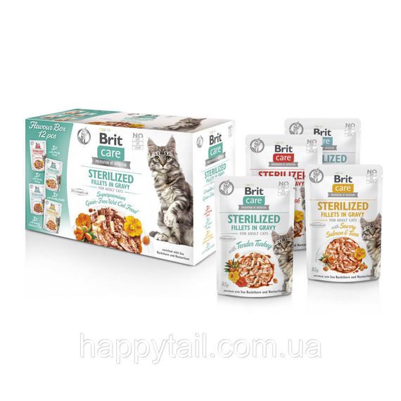 Влажный корм Brit Care Fillets in Gravy Flavour box Sterilized для стерилизованных кошек набор вкусов 12 х 85 г | Зображення 1