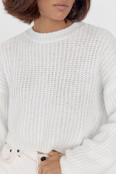 Короткий вязаный джемпер oversize молочный цвет S | Зображення 3