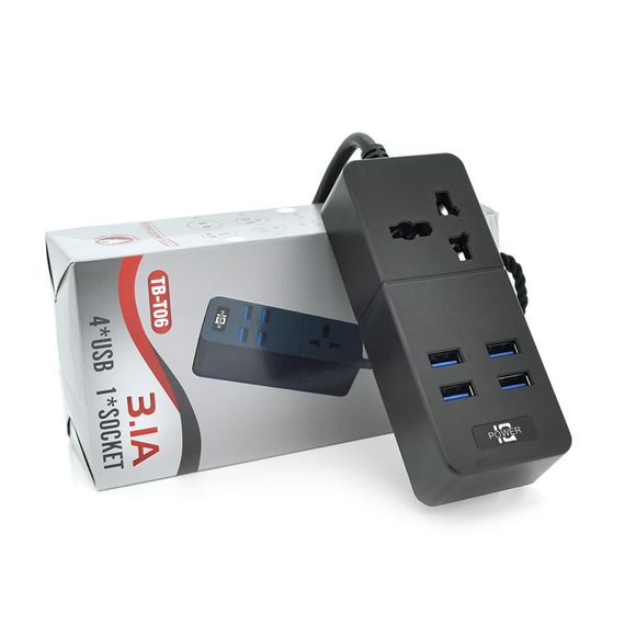 Мережевий фільтр ТВ-Т06, 1 розетка + 4 USB, 2 м, перетин 3х0, 75мм, 2500W, Black