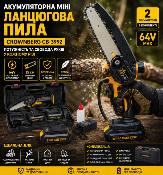 Ланцюгова пила акумуляторна міні Crownberg CB-3992 2 акумулятора шина 15 см з кейсом 64 В