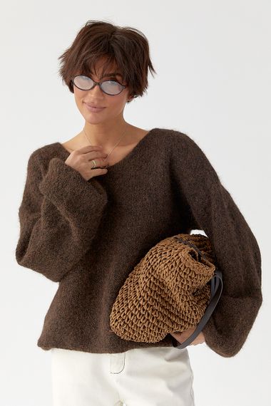 В’язаний жіночий джемпер з рукавами-ліхтариками - темно-коричневий цвет, ONE SIZE (є розміри) | Зображення 4