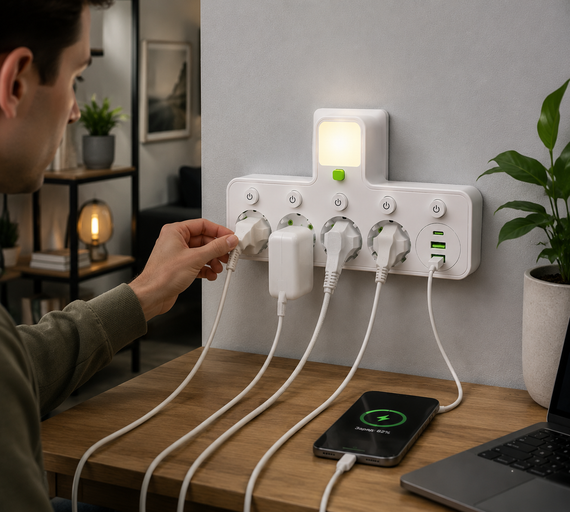 Мережевий фільтр 4 розетки + USB / адаптер на 4 розетки + USB з індивідуальними кнопками та LED-підсвічуванням Білий | Зображення 1