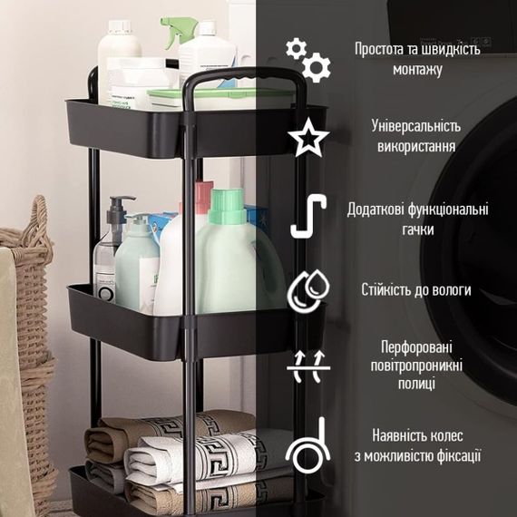 Етажерка мобільна п'ятиярусна універсальна пластикова 41х25х127см Чорна SW-00002109 | Зображення 3