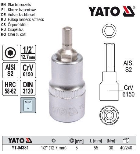 Головка торцева вставка 6 гранна HEX 1/2" М5х55 мм Польща YATO YT-04381 | Зображення 1